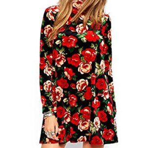 Vintage Floral Velvet Turtleneck Long Sleeve Dress